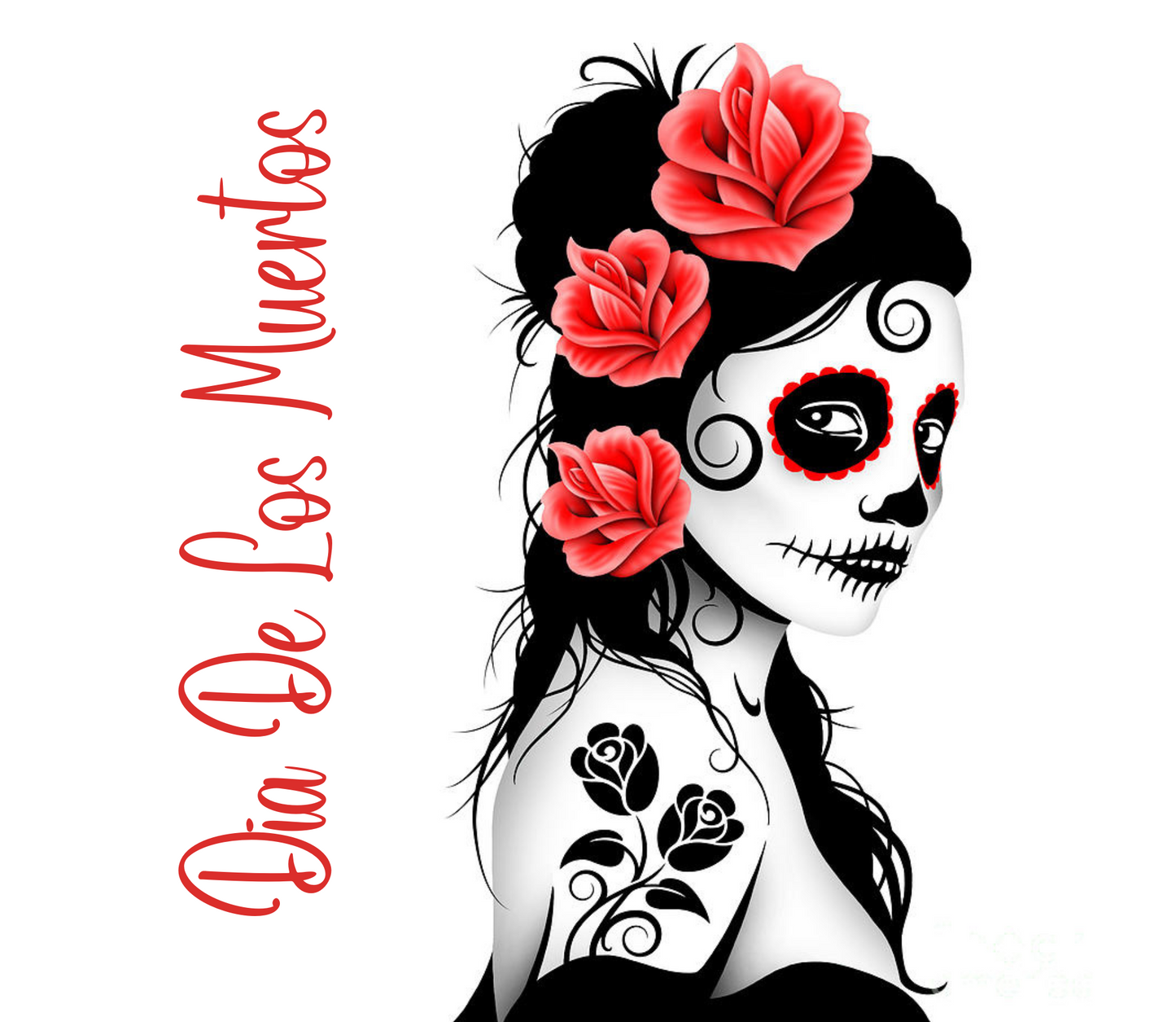 Black and Red Tattoo Girl: Día De Los Muertos. Glow in the dark